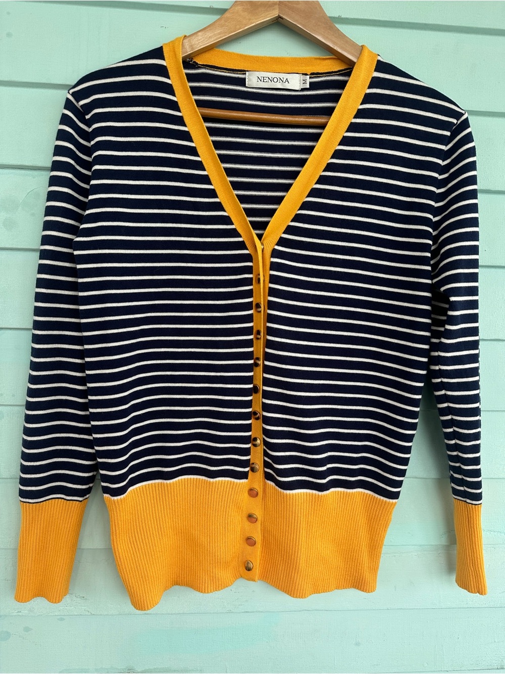 Navy & White Stripe With Yellow Accents Button-Front Cardigan Size Medium